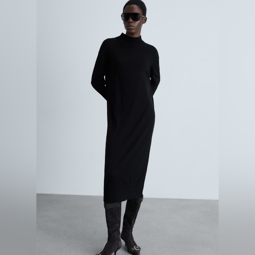 Mango Black Perkins neck knitted dress NWT